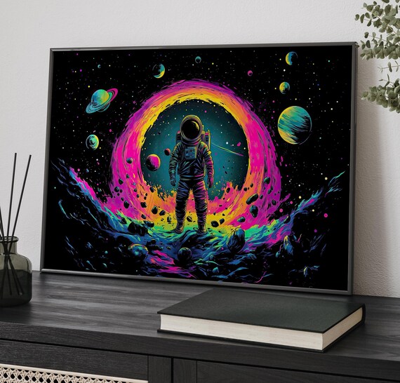 Astronaut In Psychedelic Space Dust Floating Rocks And Planets Poster Or Canvas Print Modern Bright Vector Illustration Retro