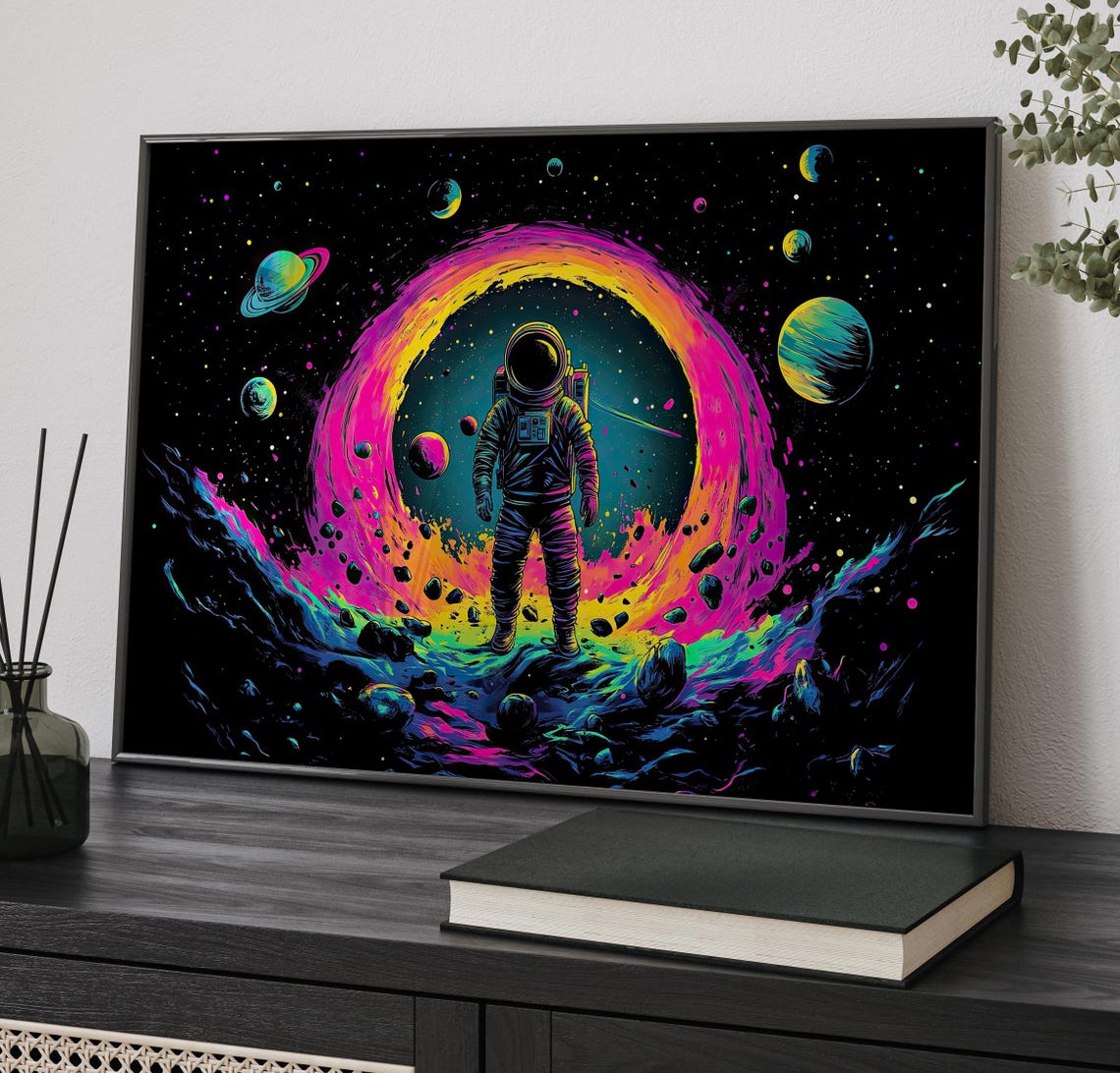 Neon Psychedelic Astronaut Floating in a Cosmic Space Storm Poster