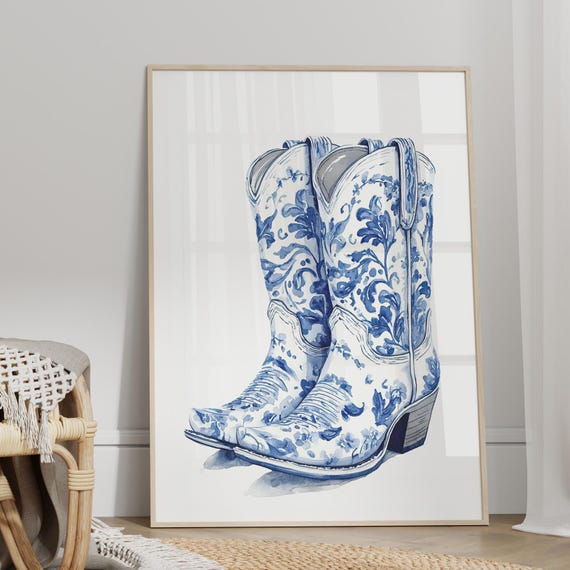 Chinoiserie Print Cowgirl Boots Blue Watercolor Art Poster Or Canvas Western Decor Cowboy Trendy Wall