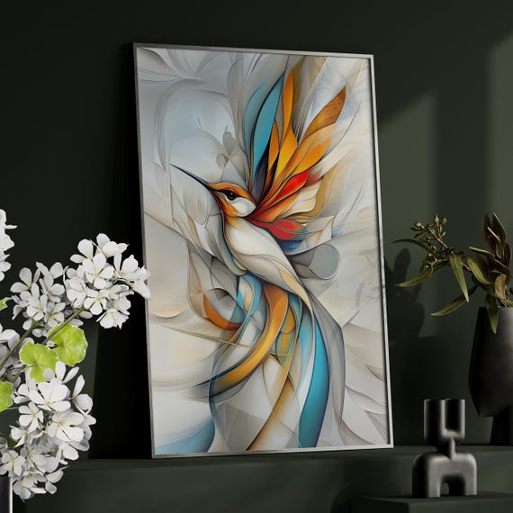 Colorful Abstract Hummingbird Art Poster Or Canvas Print Fluid Biomorphic Shapes Elegant Home Decor Dynamic