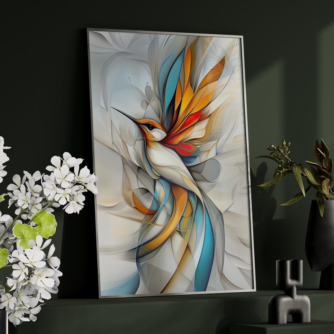 Colorful Abstract Hummingbird Art Poster Or Canvas Print Fluid Biomorphic Shapes Elegant Home Decor Dynamic