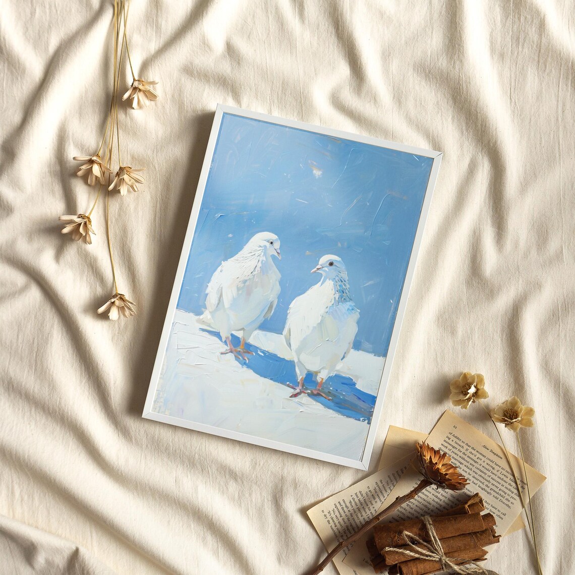 Two White Pigeons Against a Blue Sky Minimal Oil Painting Poster