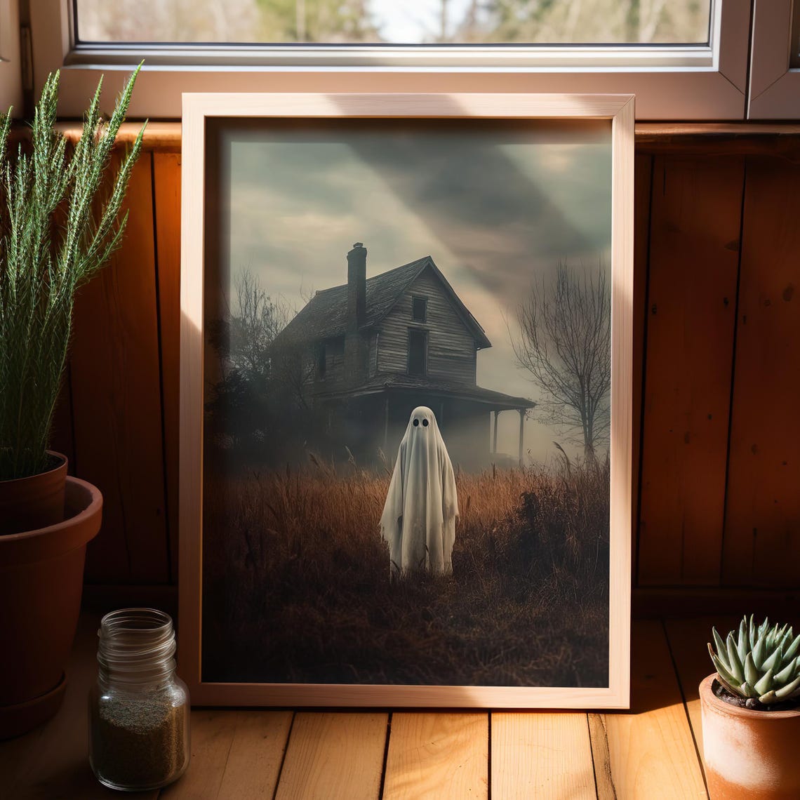 Spooky Ghost in Front of Haunted House Foggy Field Halloween Poster