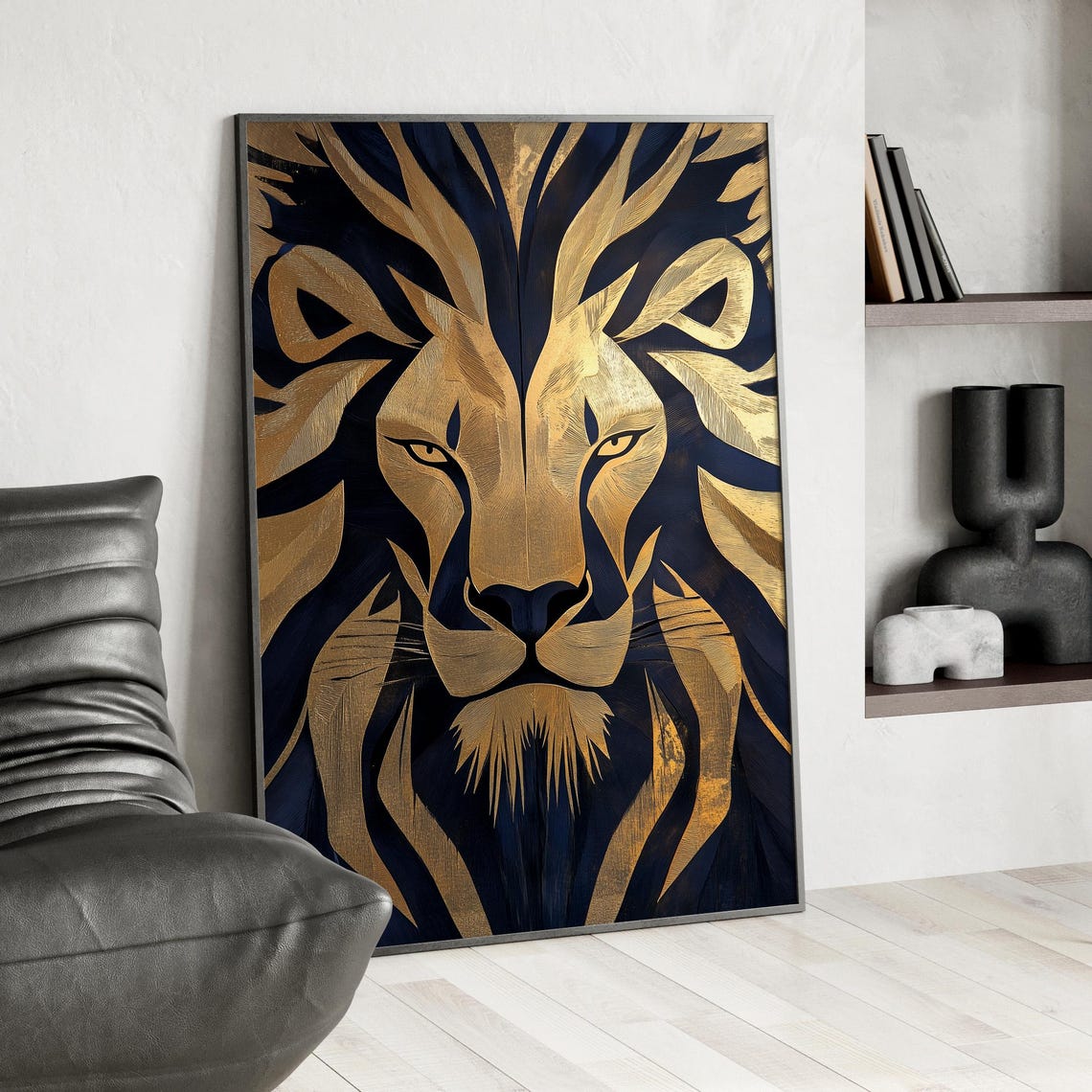 Golden Lion Portrait Art Deco Poster Or Canvas Print Majestic Luxurious Home Decor Geometric Modern Abstract Wall
