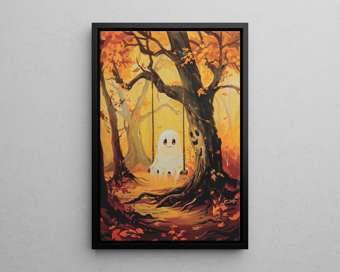 Cute On The Swing Of An Oak Tree Autumn Print Poster Or Canvas Spooky Wall Art Sheet In Forest Whimsigoth