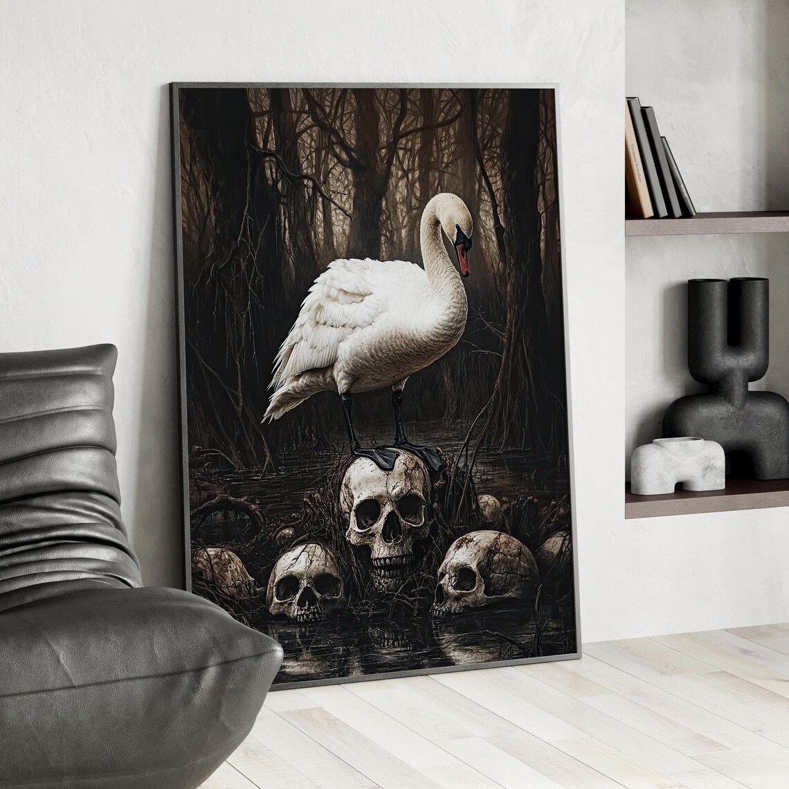 White Swan Standing On Skulls Dark Gothic Forest Oil Painting Poster
