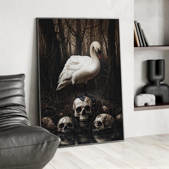 White Swan And Skull Oil Painting Poster Or Canvas Print Gothic Swamp Art Dark Forest Wall Macabre Halloween Decor Academia
