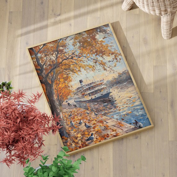 Riverboat Docked at Autumn Embankment Pigeons Oil Painting Wall Art
