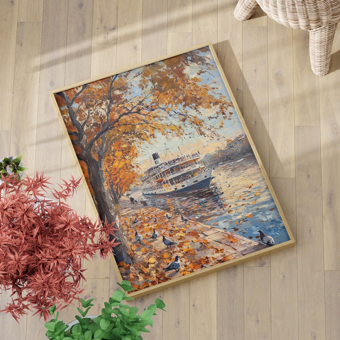 Riverboat Docked at Autumn Embankment Pigeons Oil Painting Wall Art