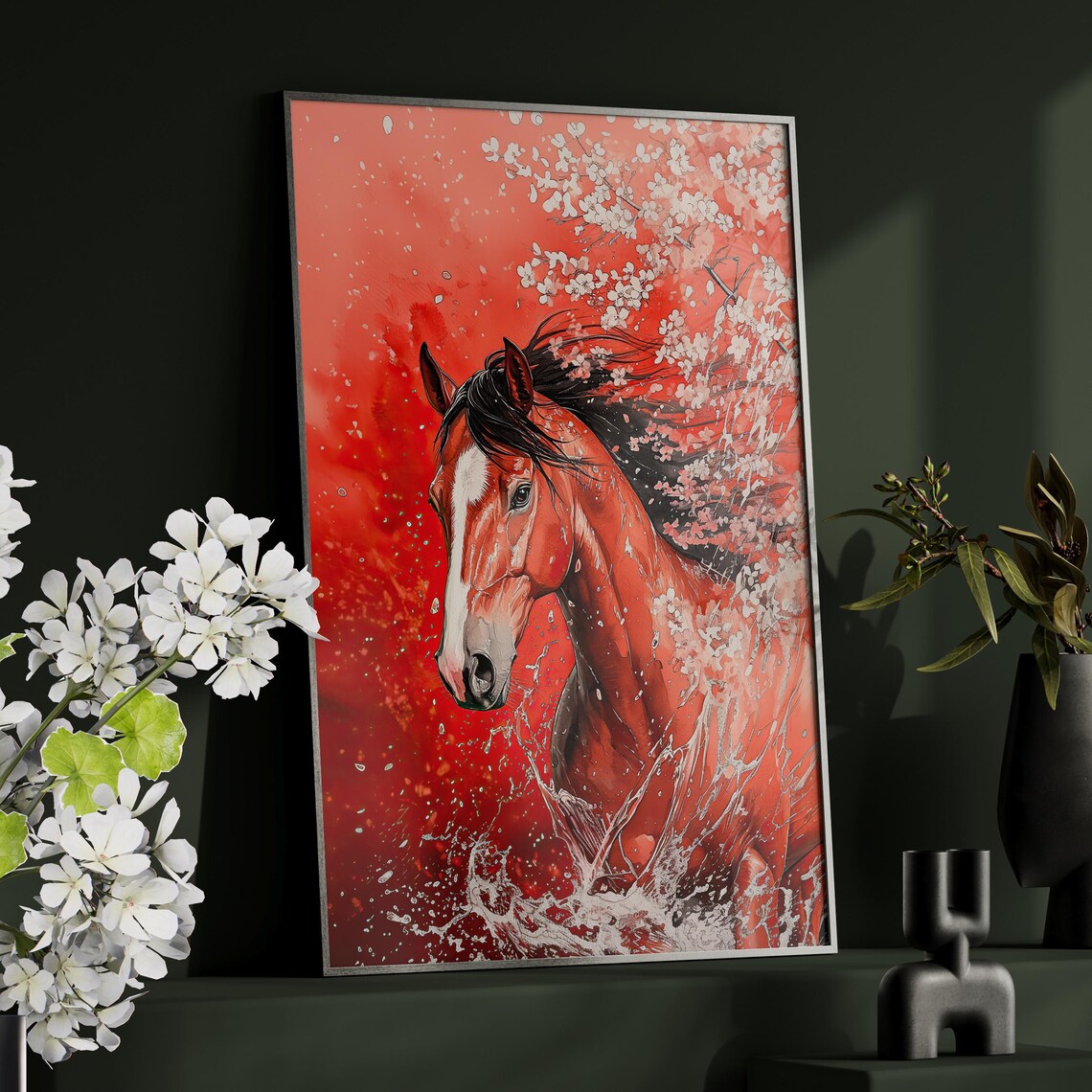 Majestic Red Horse Cherry Blossom Splash Portrait Equine Poster