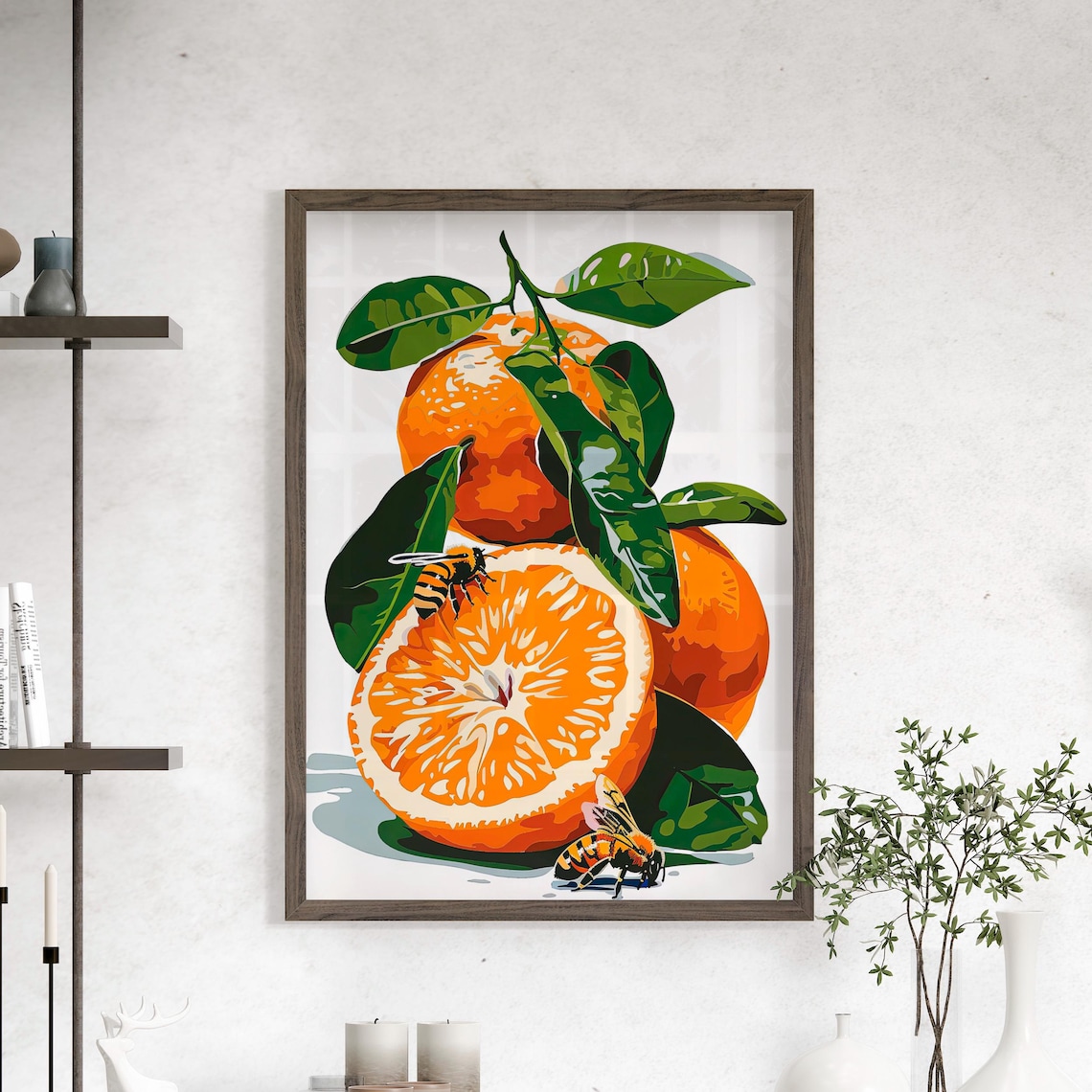 Oranges And Bees Vector Illustration Poster Or Canvas Print Fruit Minimalist Art Kitchen Wall Decor Lemon