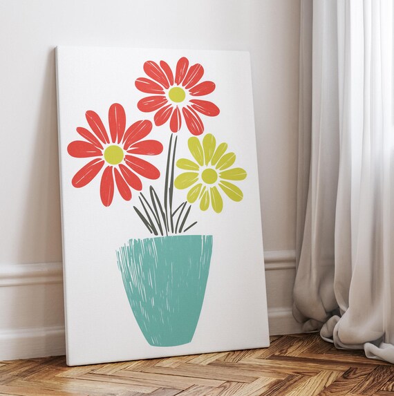 Red Coral Daisies in Teal Pot Modern Canvas Botanical Art Poster