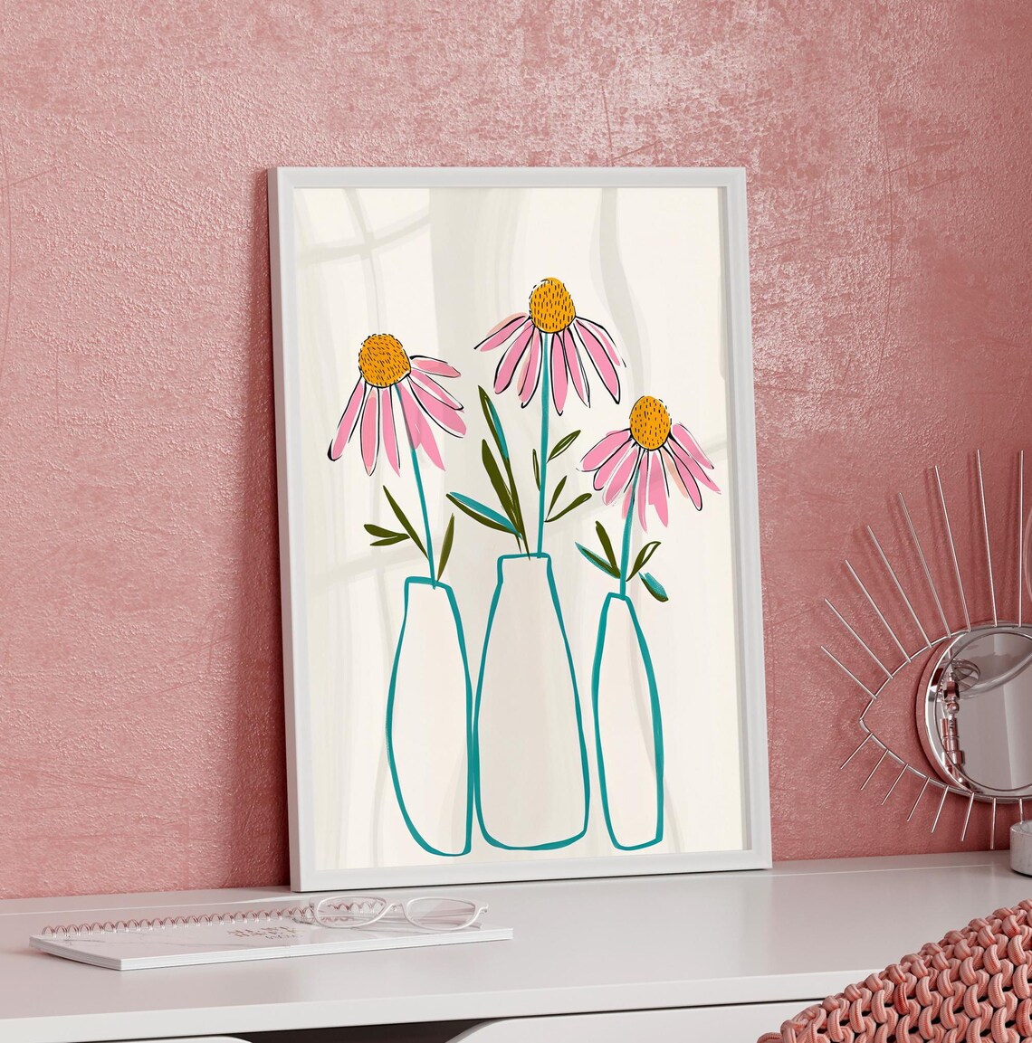 Pink Coneflowers In Teal Vases Minimalist Hand Drawn Floral Poster