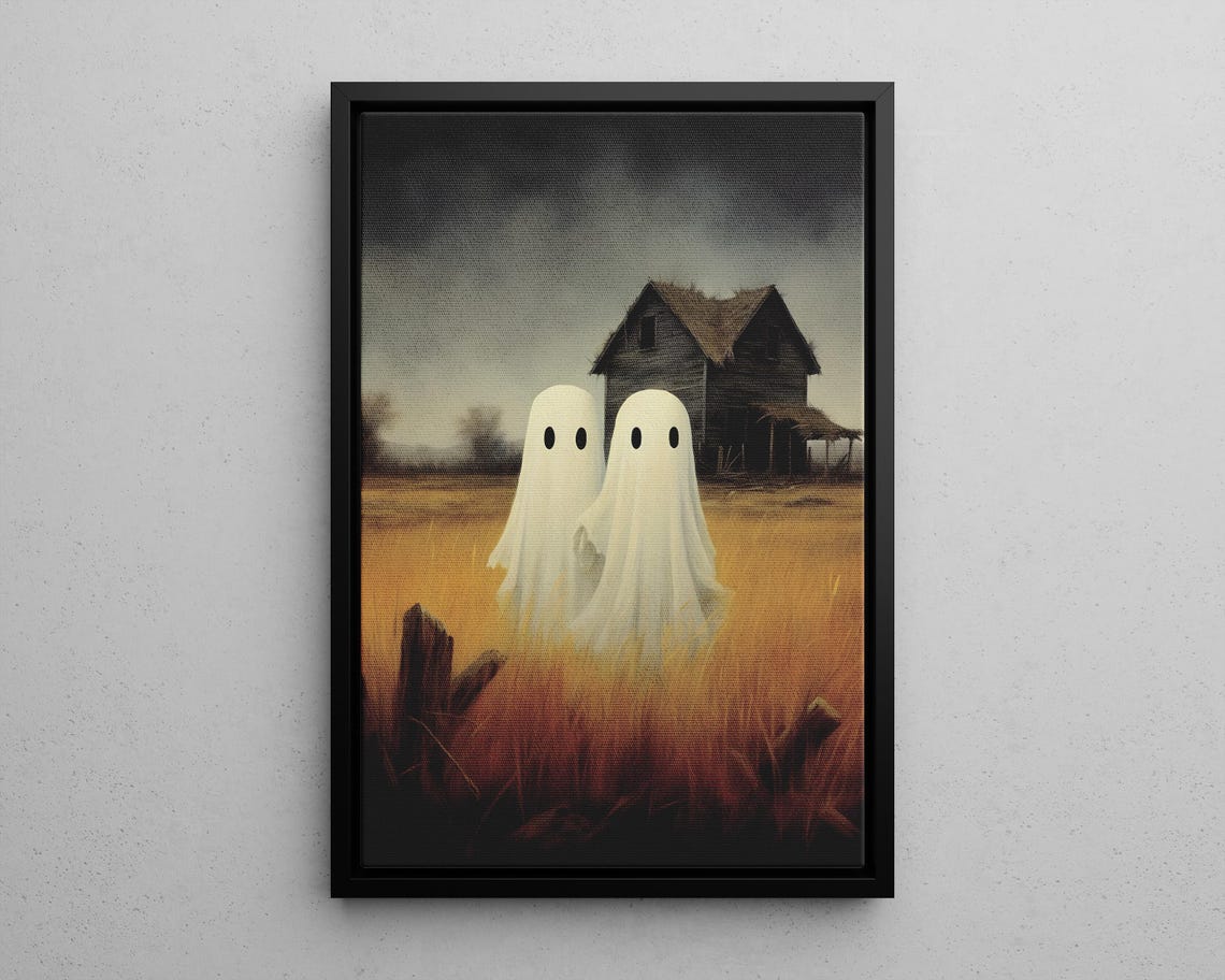 Cute Ghosts in Golden Wheat Field Haunted Farmhouse Halloween Poster