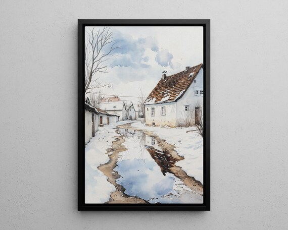 Snowy Small Town Street Watercolor Melting Snow Village Lane Art Print