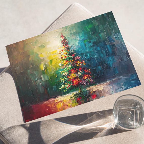 Colorful Abstract Christmas Tree Oil Painting Poster Or Canvas Dark Colors Wall Art Pine Winter