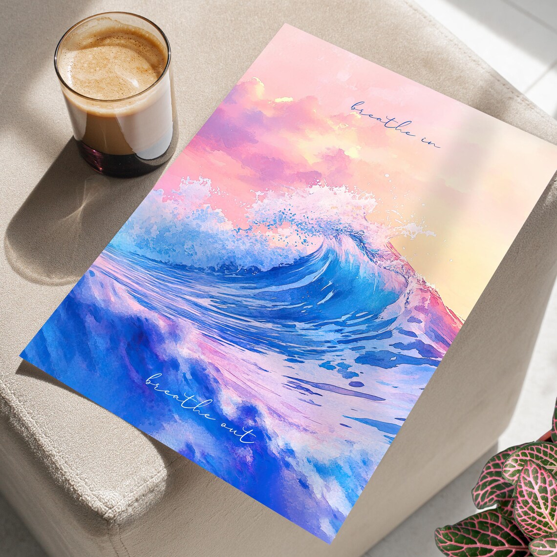 Breathe In Breathe Out Pink Ocean Wave Watercolor Quote Poster