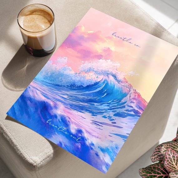 Breathe In Out Watercolor Waves Abstract Wall Art Poster Or Canvas Print Calm Wellness Home Office Motivational Decor