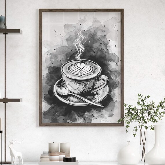 Black And White Latte Art Coffee Cup Watercolor Ink Splash Poster