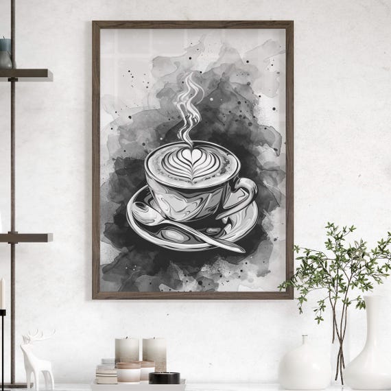Trendy Black And White Coffee Wall Art Print Or Canvas Simple Cup Of Vintage Shop Deco For Lover Poster