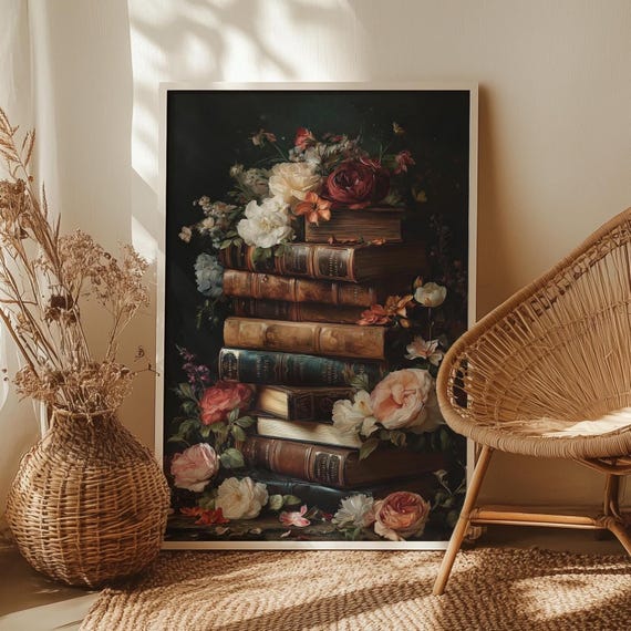 Book Stack Wall Art Poster Or Canvas Print Moody Vintage Floral Botanical Victorian Library Decor Antique Books