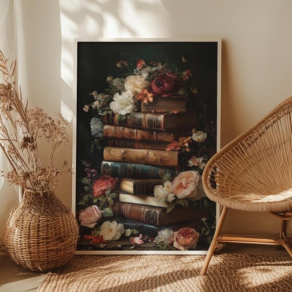 Stack of Antique Books With Moody Floral Library Wall Poster