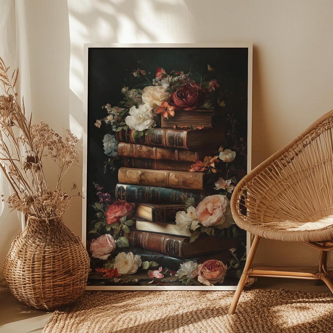 Stack of Antique Books With Moody Floral Library Wall Poster