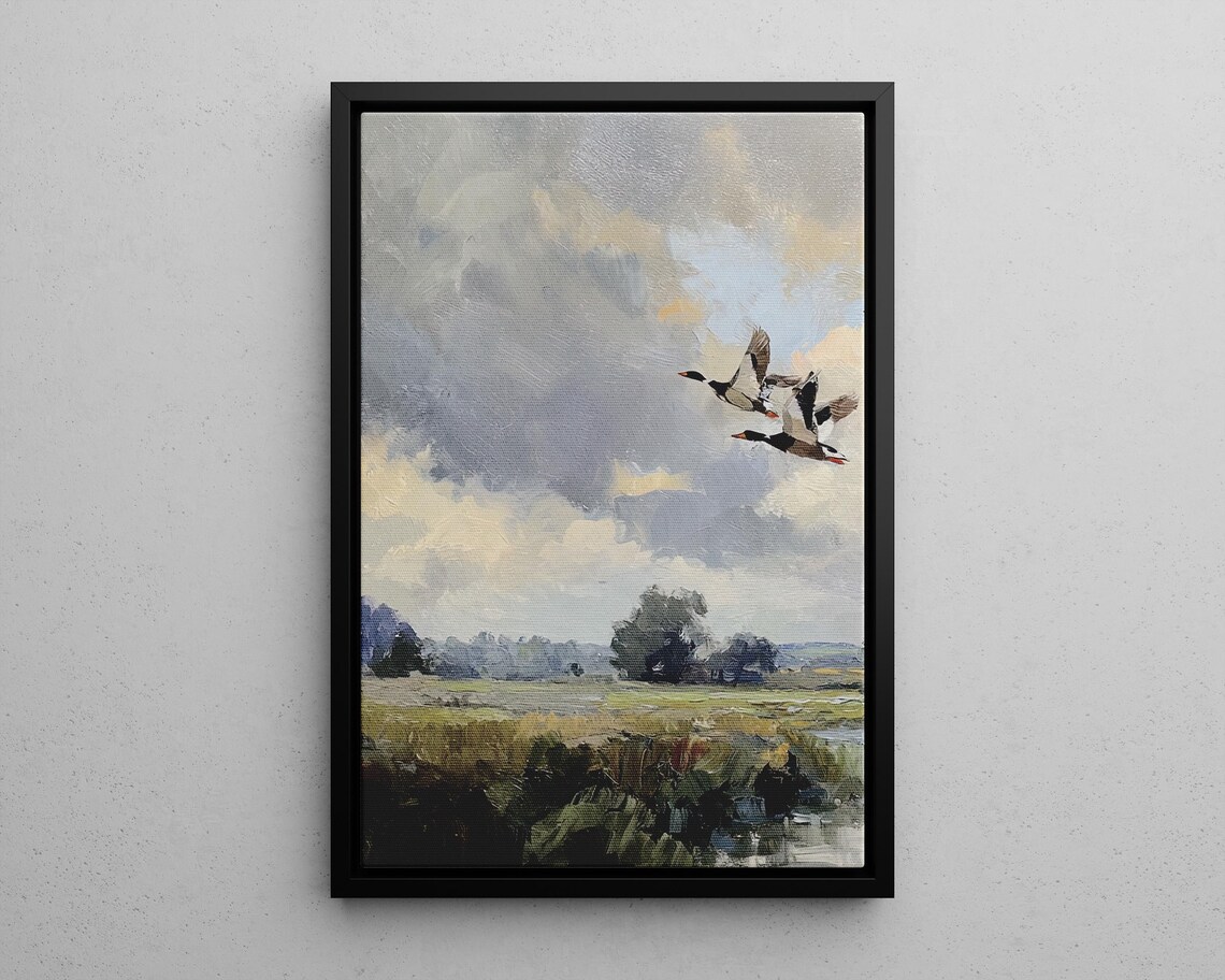 Flying Ducks Marsh Landscape Impressionist Oil Painting Poster