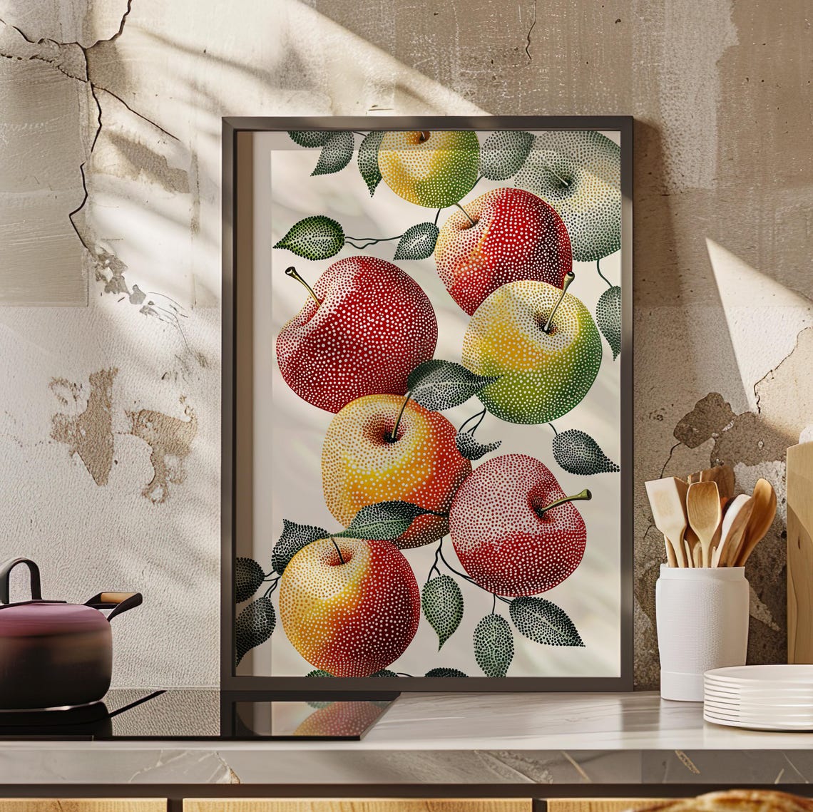 Apples Pointillist Art Dot Painting Poster Or Canvas Print Fruit Pointillism Style Wall Still Life Botanical Kitchen Decor