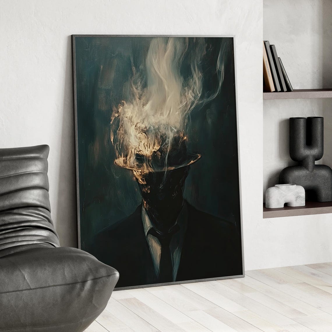 Burning Man Smoking Silhouette Dark Surreal Gothic Oil Painting Poster