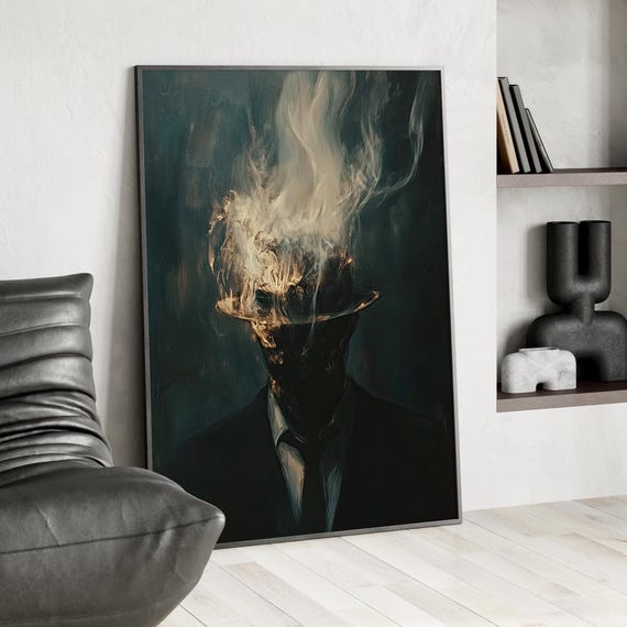 Burning Man Smoking Silhouette Dark Surreal Gothic Oil Painting Poster