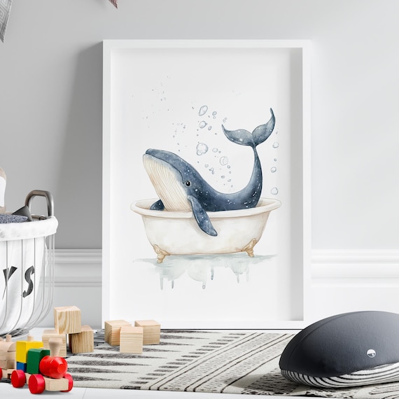 Cute Baby Whale Splashing in a Vintage Bathtub Nursery Poster