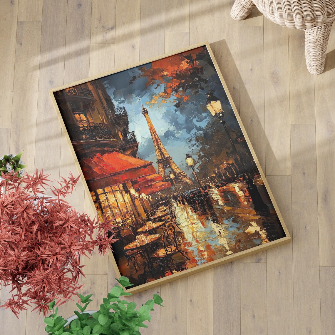 Eiffel Tower Night Paris Oil Painting Romantic Cafe Street Poster