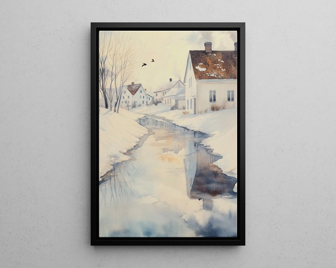 Snowy Village Stream Winter Watercolor Whitewashed Houses Art Print