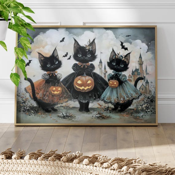 Whimsical Black Cats Halloween Art Poster Or Canvas Print Spooky Folk Fall Wall Decor Fantasy Watercolor With Pumpkins