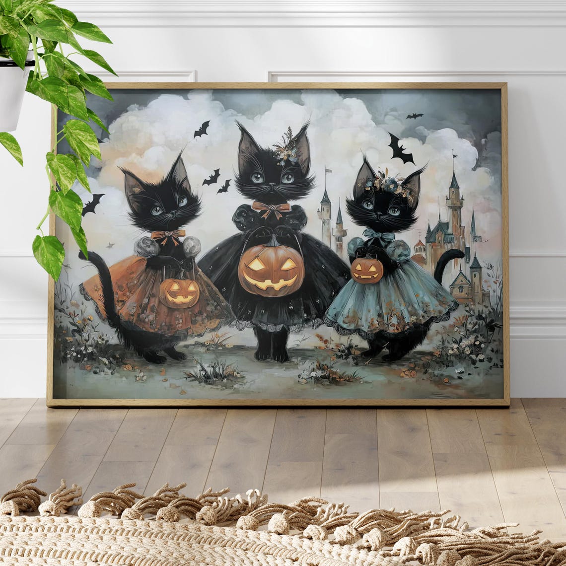 Whimsical Black Cats Halloween Art Poster Or Canvas Print Spooky Folk Fall Wall Decor Fantasy Watercolor With Pumpkins