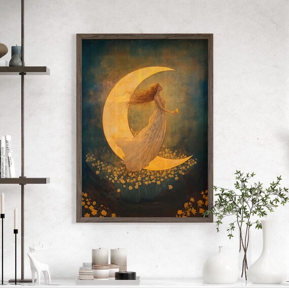 Crescent Moon Goddess Drifting Over Daffodils Ethereal Night Poster