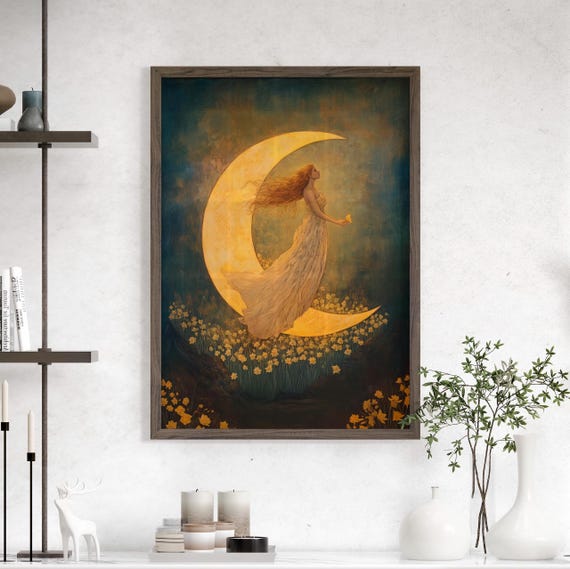 Crescent Moon Goddess Over Daffodil Flowers Ethereal Art Poster Or Canvas Print Celestial Woman Floral Vintage Mystical