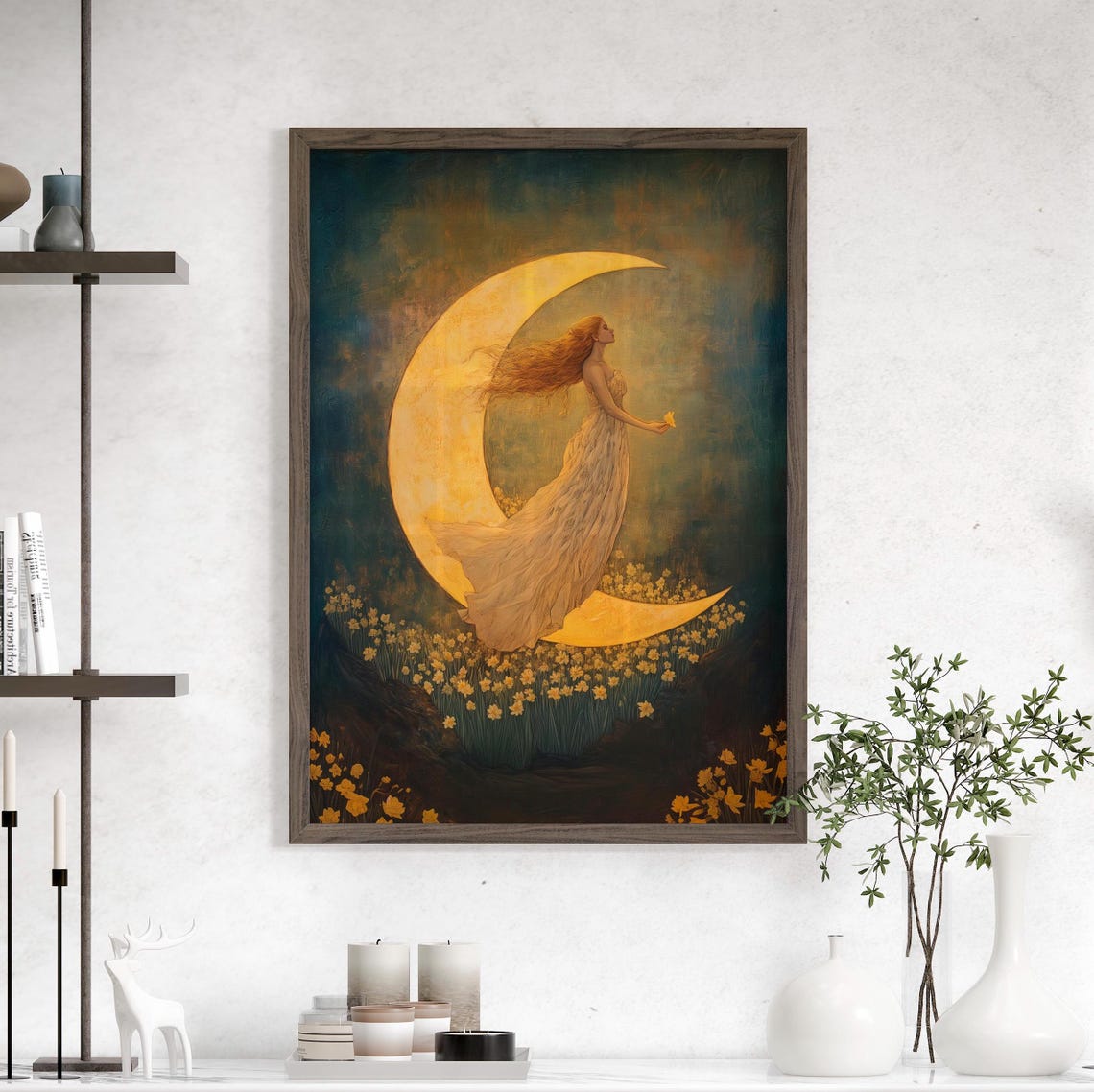 Crescent Moon Goddess Drifting Over Daffodils Ethereal Night Poster