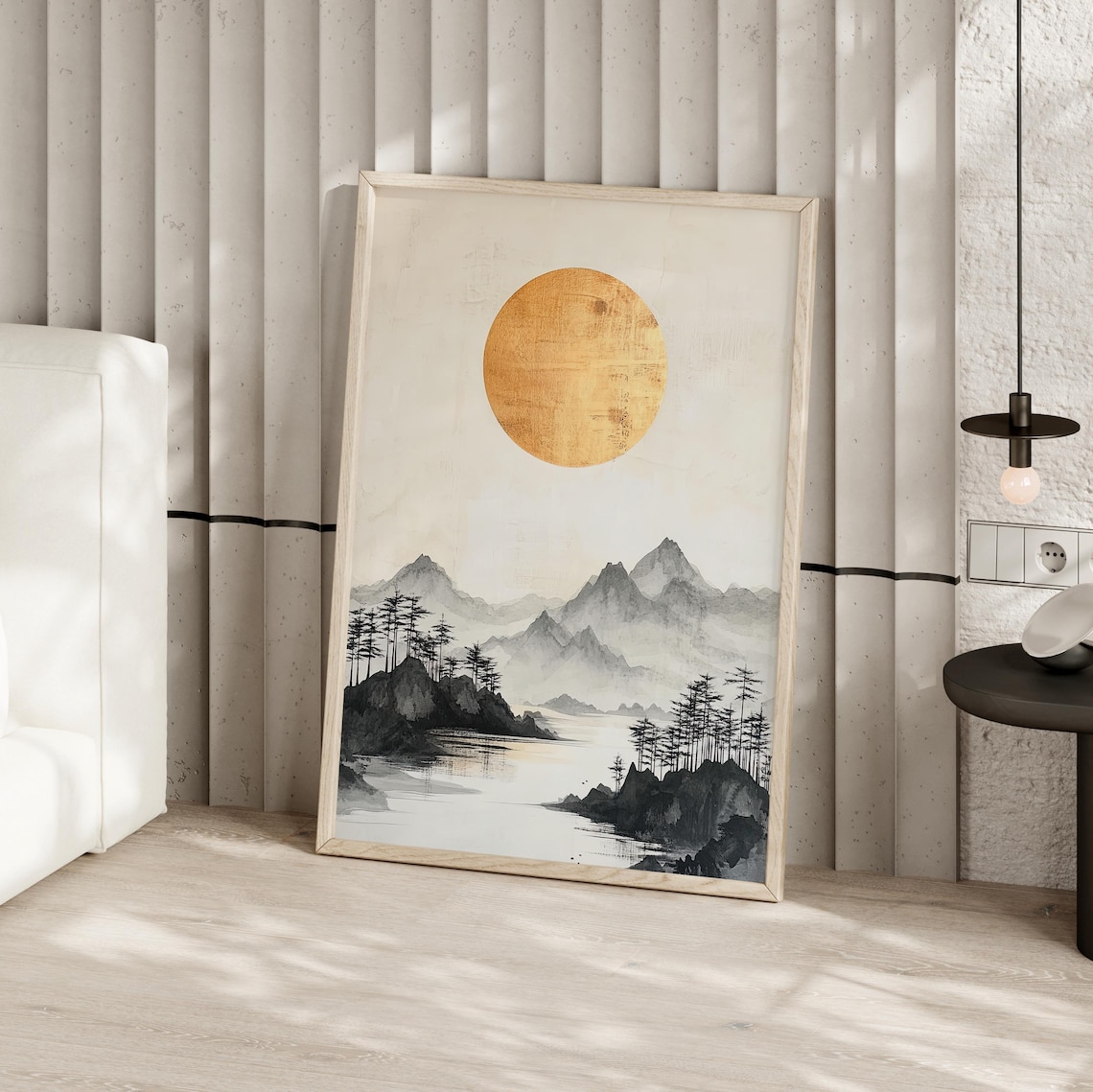 Golden Zen Sun Over Misty Japanese Mountains Ink Painting Poster