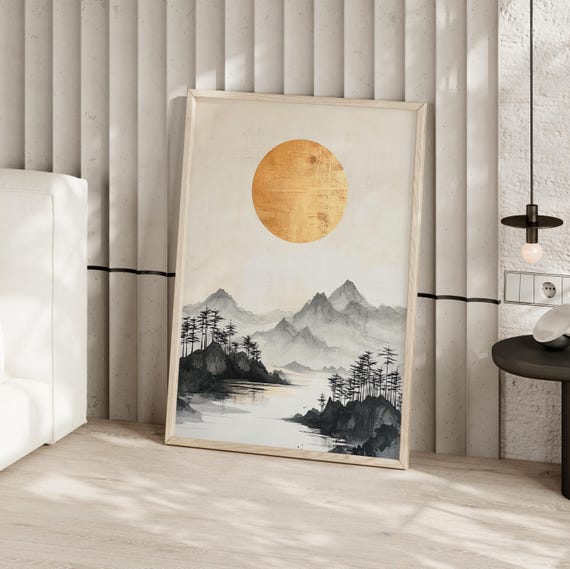 Minimalist Japanese Sunset Painting Poster Or Canvas Print Golden Sun Art Abstract Mountain Landscape Watercolor Zen