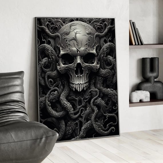 Gothic Skull With Tentacles Wall Art Print Or Canvas Creepy Dark Skeleton Scary Weird Poster Modern Room Decor For Lover