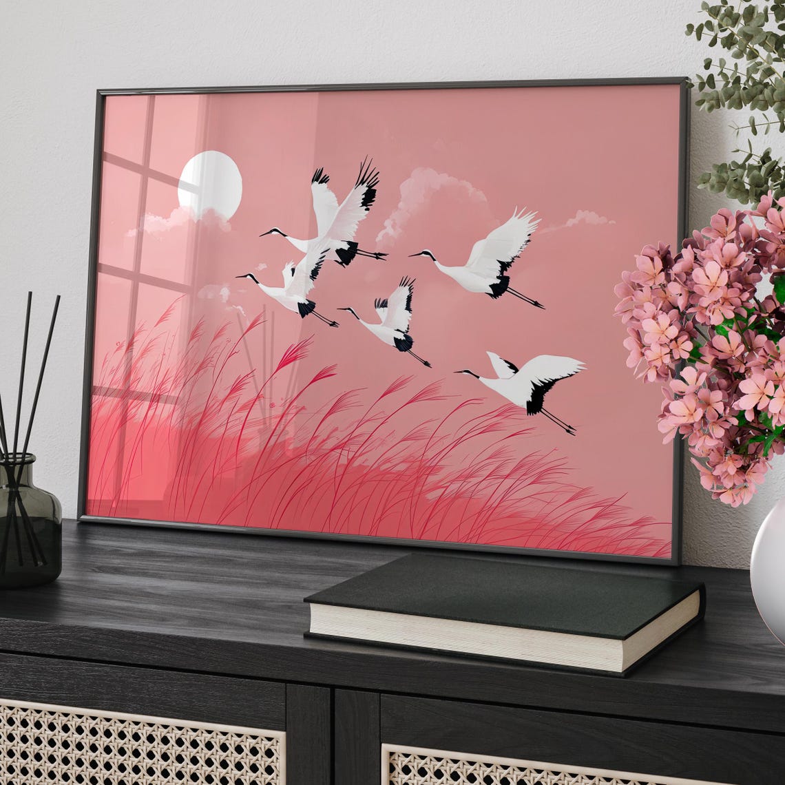 Five White Cranes Pink Sunset Sky Japanese Moon Scene Poster
