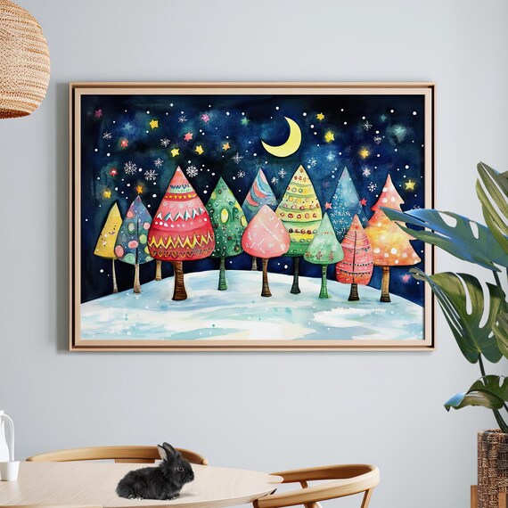 Colorful Starry Night Christmas Forest Moonlit Trees Watercolor Wall Art