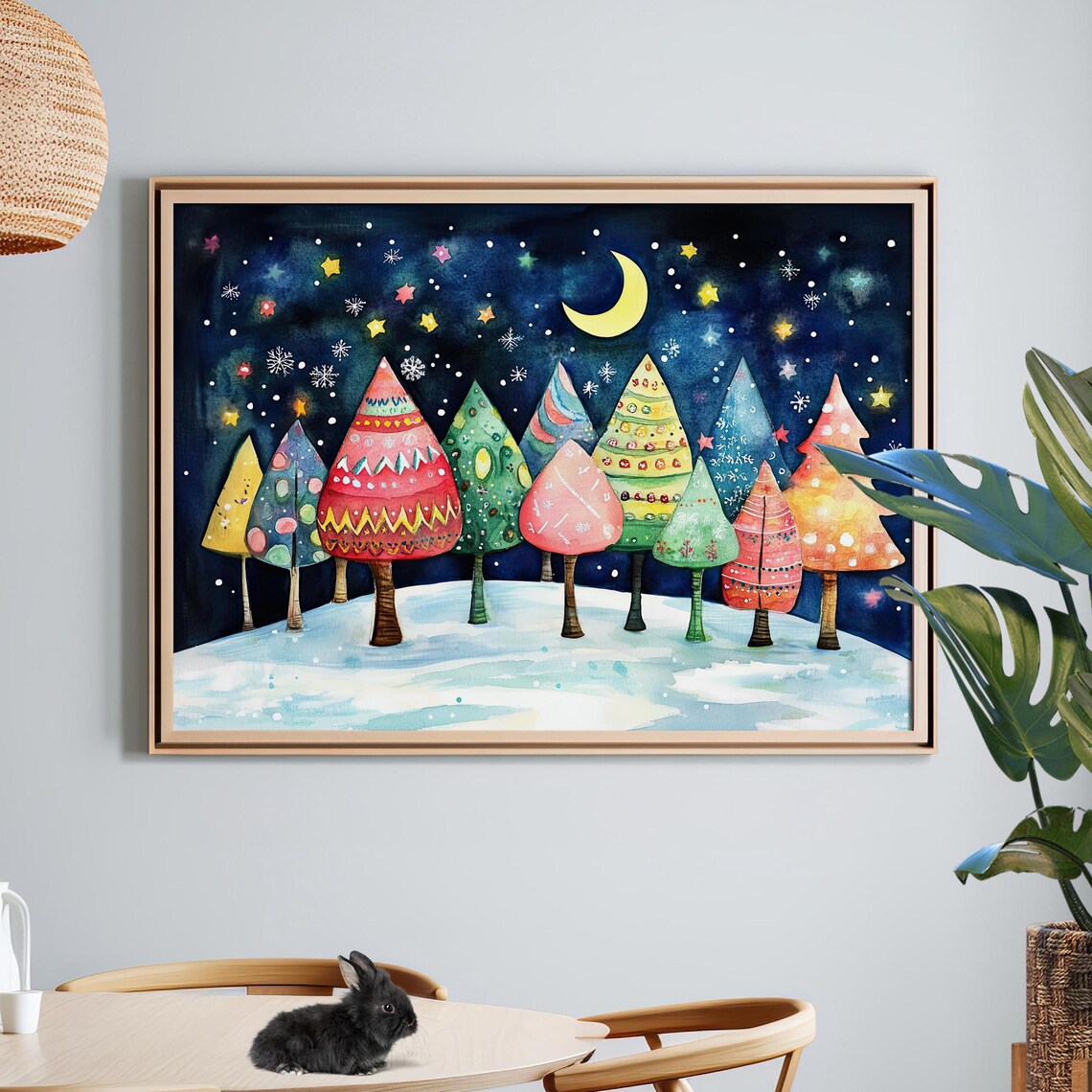 Colorful Starry Night Christmas Forest Moonlit Trees Watercolor Wall Art