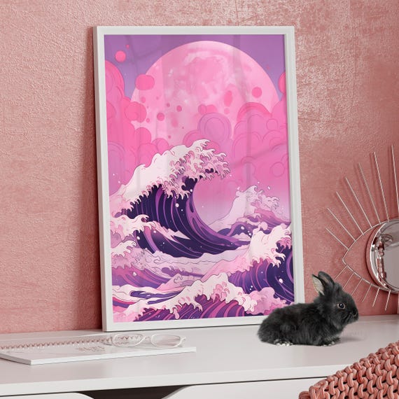 Old Japanese Inspired Hokusai Art Print Or Canvas Vintage Girly Pink And Purple Ocean Moon Painting Girls Dorm Room Wall Decor