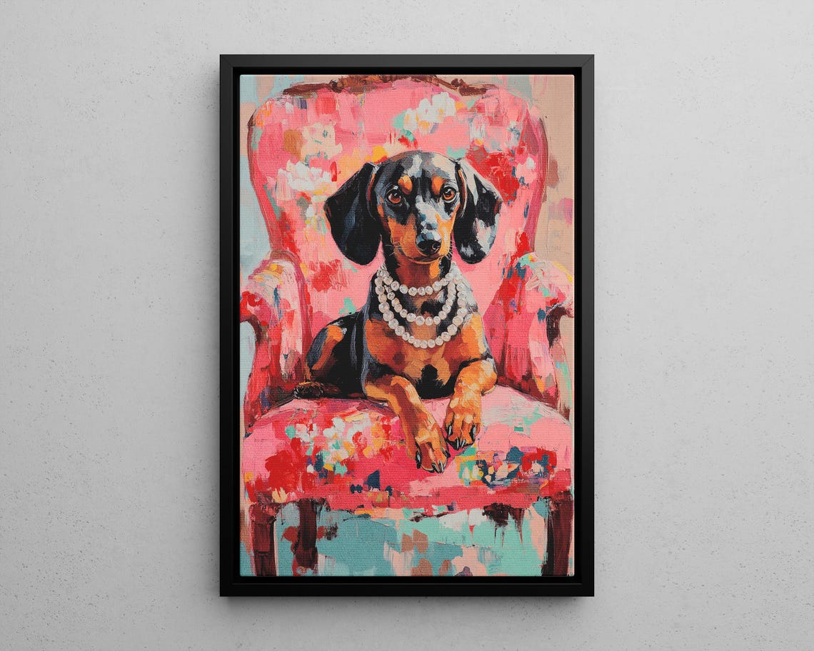 Dachshund With Pearls On A Pink Floral Chair Oil Painting Poster Or Print Fashionista Dog Portrait Painting Maximalist Home Decor