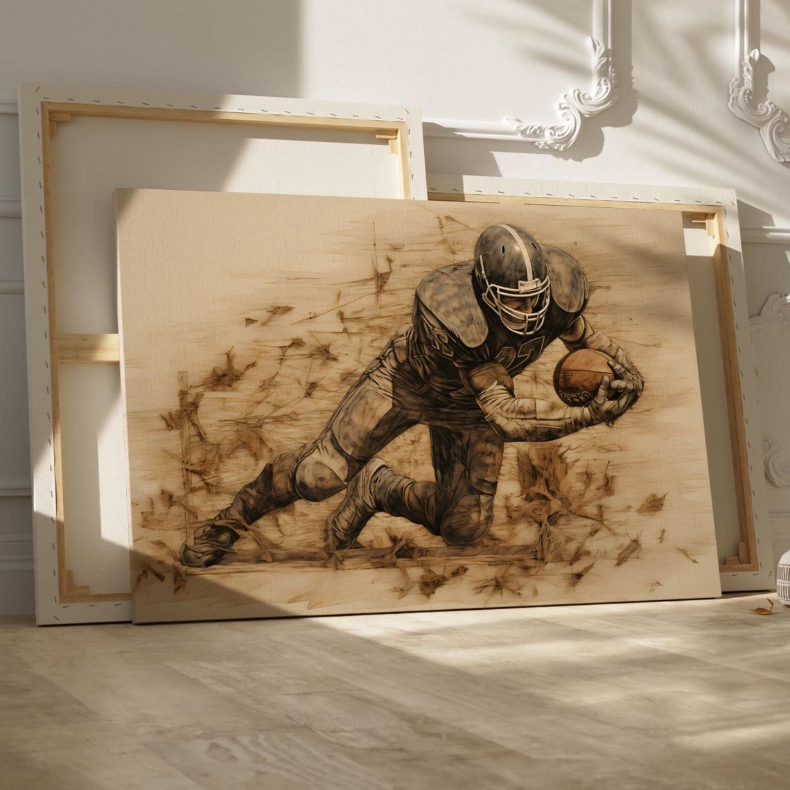 Quarterback Pyrography Style Football Player Wood Burn Canvas Print