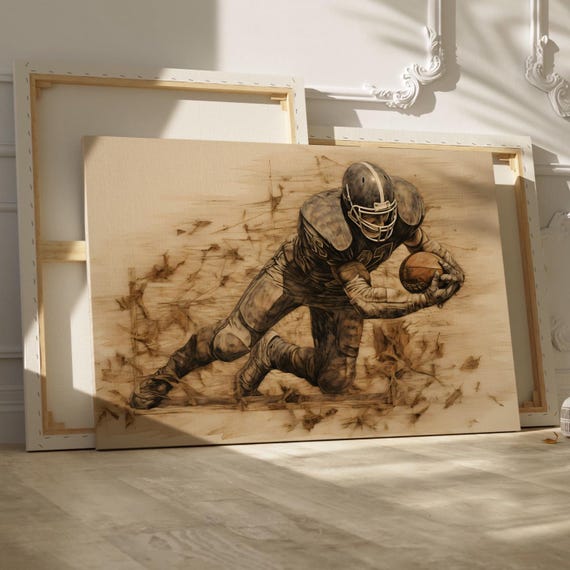 Rustic And Vintage Football Quarterback Pyrography Wall Art Print Or Canvas Lovers Room Decor Eclectic Sports Poster