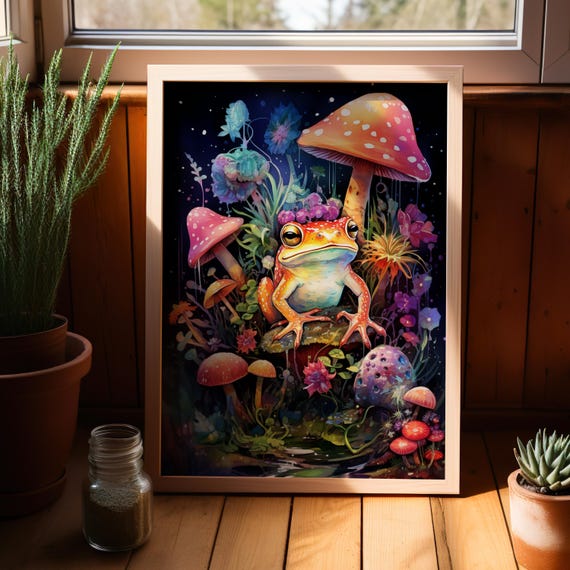 Classy And Colorful Botanical Toad Wall Art Print Or Canvas Eclectic Neon Colored Mushroom Frog Preppy